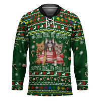 Funny Cats Make Me Happy Humans Make My Head Hurt Quote Hockey Jersey with Green Christmas Pattern - Wonder Print Shop