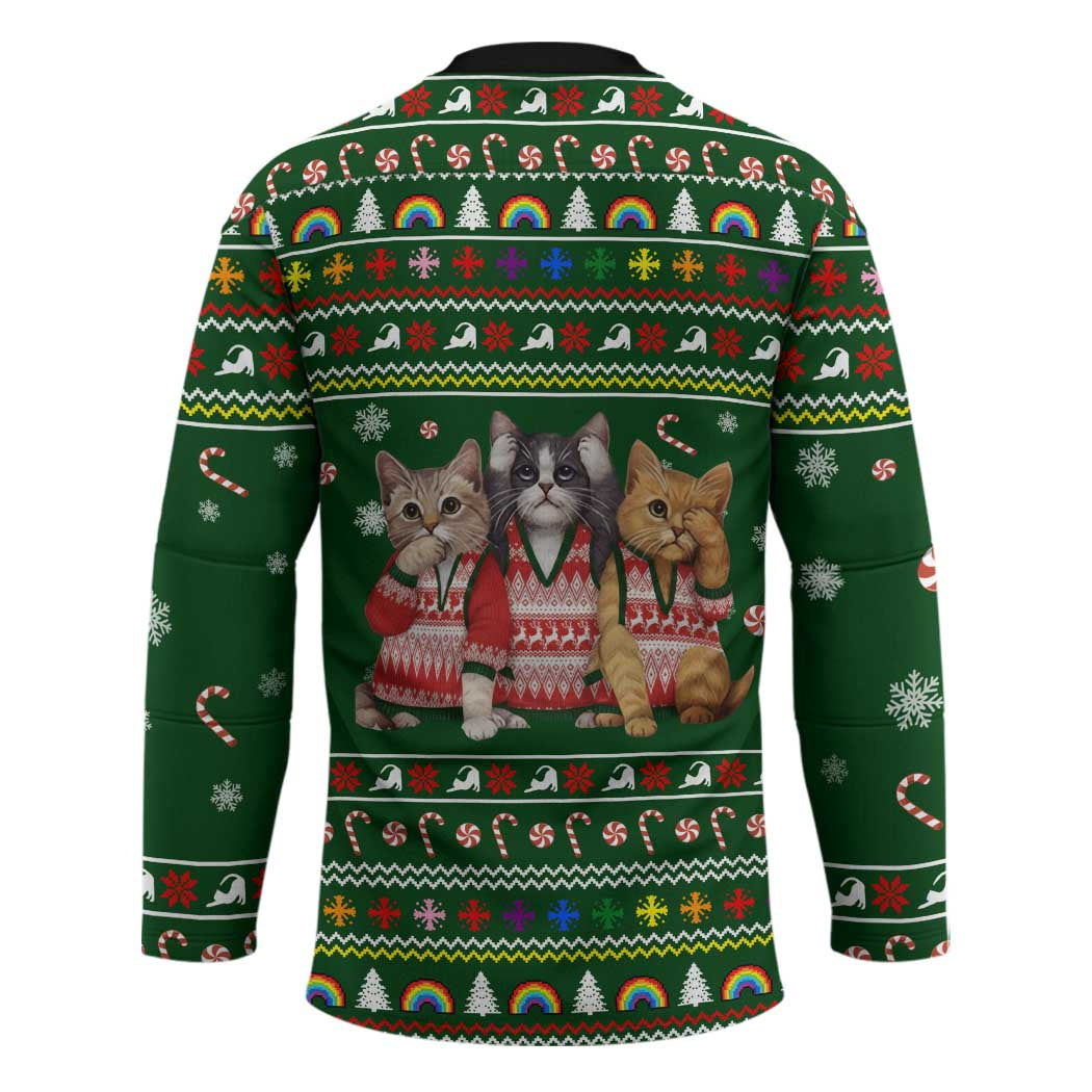 Funny Cats Make Me Happy Humans Make My Head Hurt Quote Hockey Jersey with Green Christmas Pattern - Wonder Print Shop
