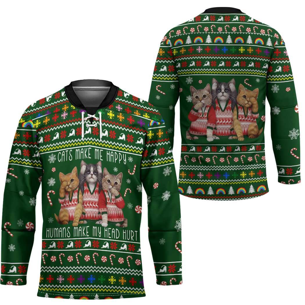 Funny Cats Make Me Happy Humans Make My Head Hurt Quote Hockey Jersey with Green Christmas Pattern - Wonder Print Shop