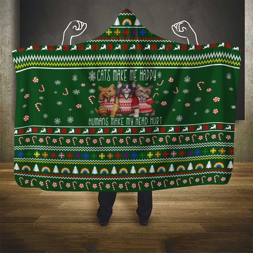 Funny Cats Make Me Happy Humans Make My Head Hurt Quote Hooded Blanket with Green Christmas Pattern - Wonder Print Shop