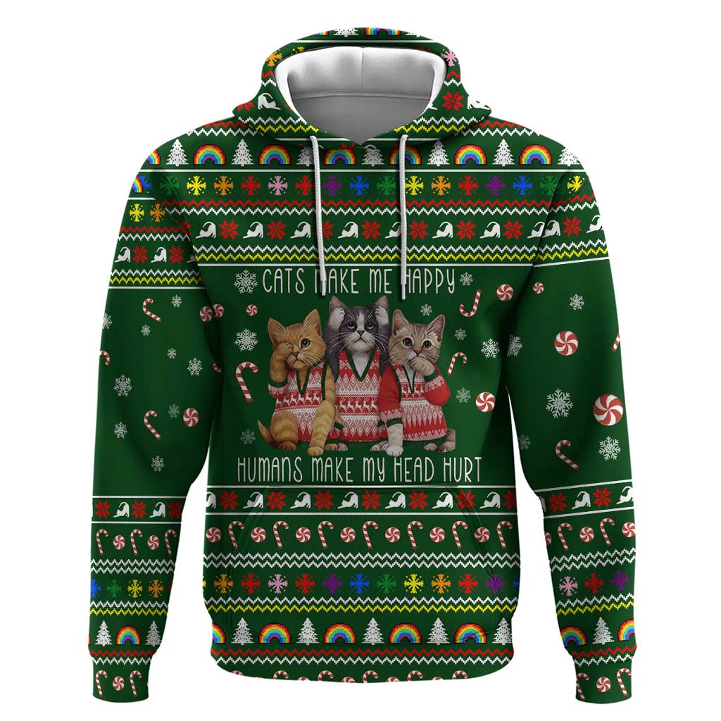 Funny Cats Make Me Happy Humans Make My Head Hurt Quote Hoodie with Green Christmas Pattern - Wonder Print Shop