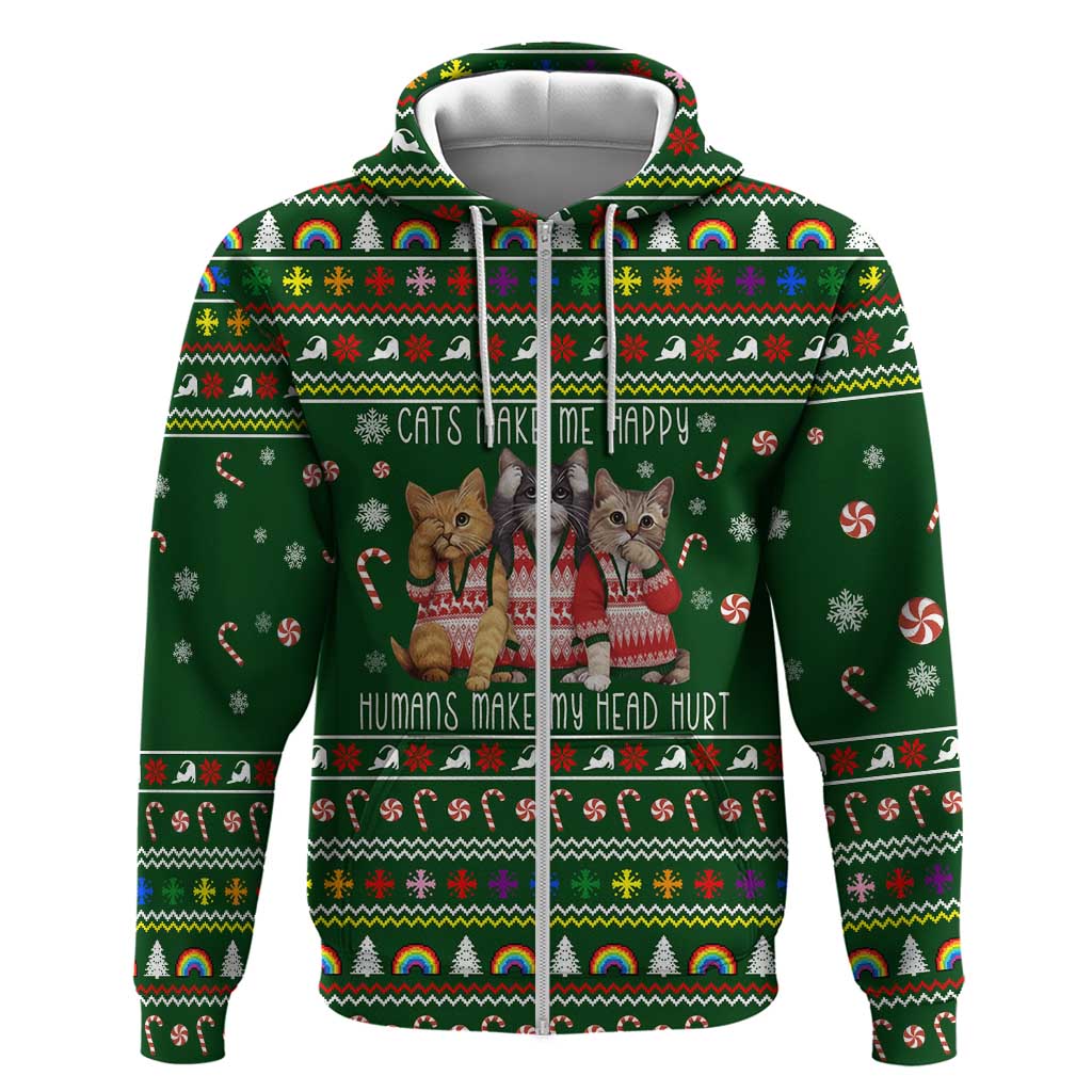 Funny Cats Make Me Happy Humans Make My Head Hurt Quote Hoodie with Green Christmas Pattern - Wonder Print Shop