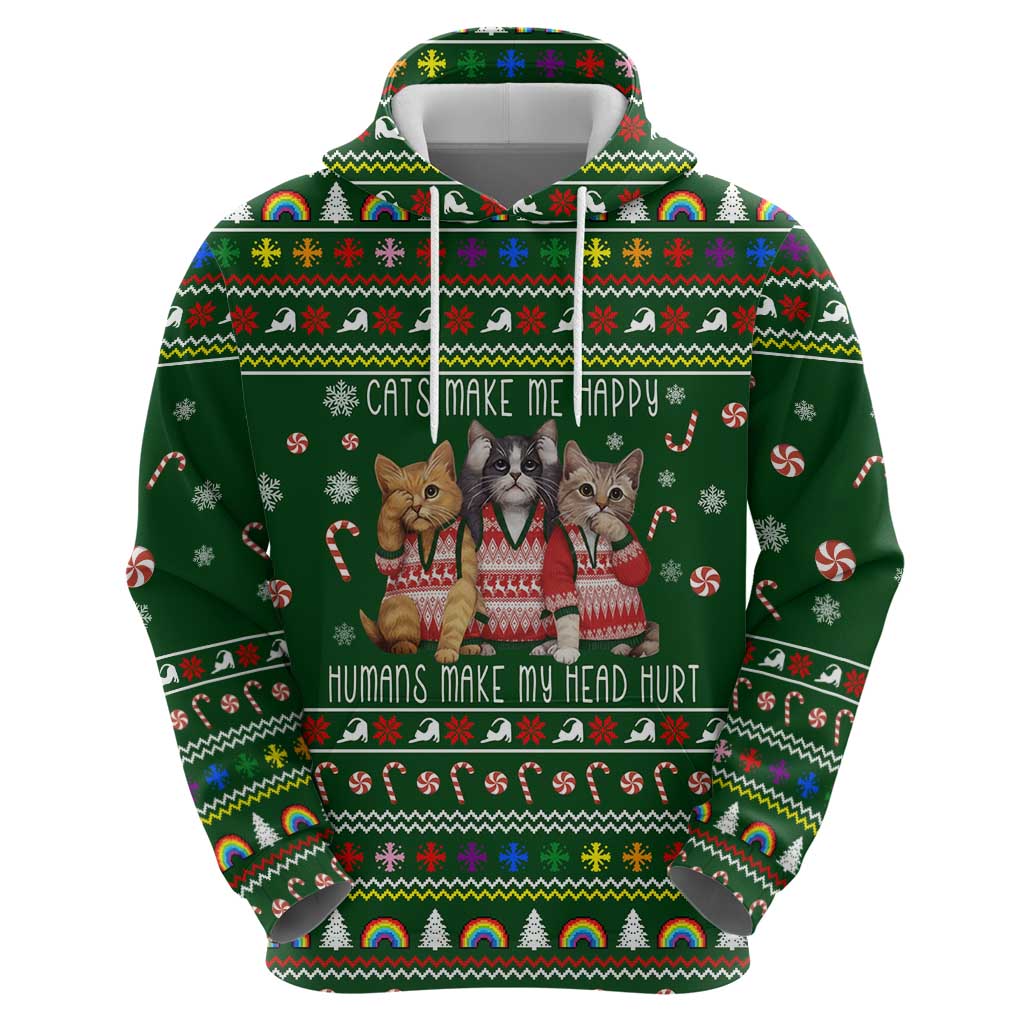 Funny Cats Make Me Happy Humans Make My Head Hurt Quote Hoodie with Green Christmas Pattern - Wonder Print Shop