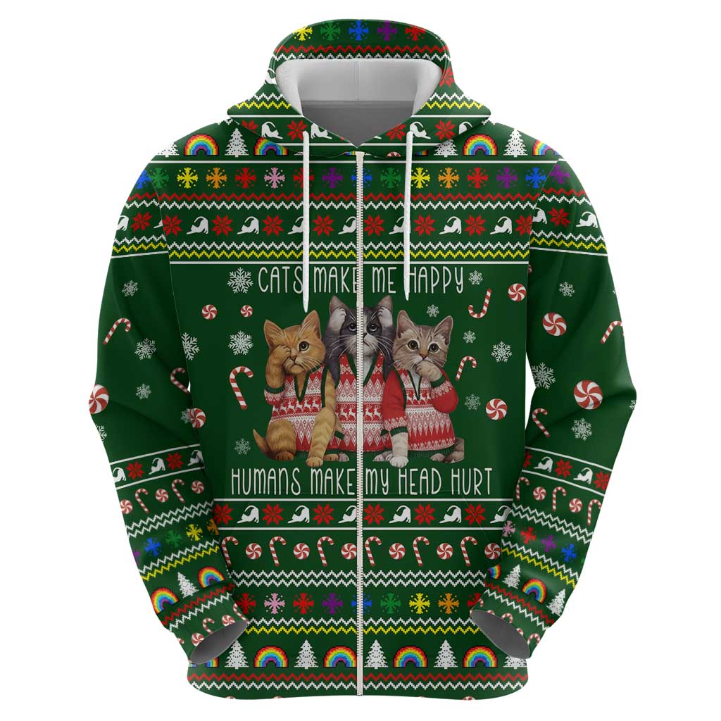 Funny Cats Make Me Happy Humans Make My Head Hurt Quote Hoodie with Green Christmas Pattern - Wonder Print Shop