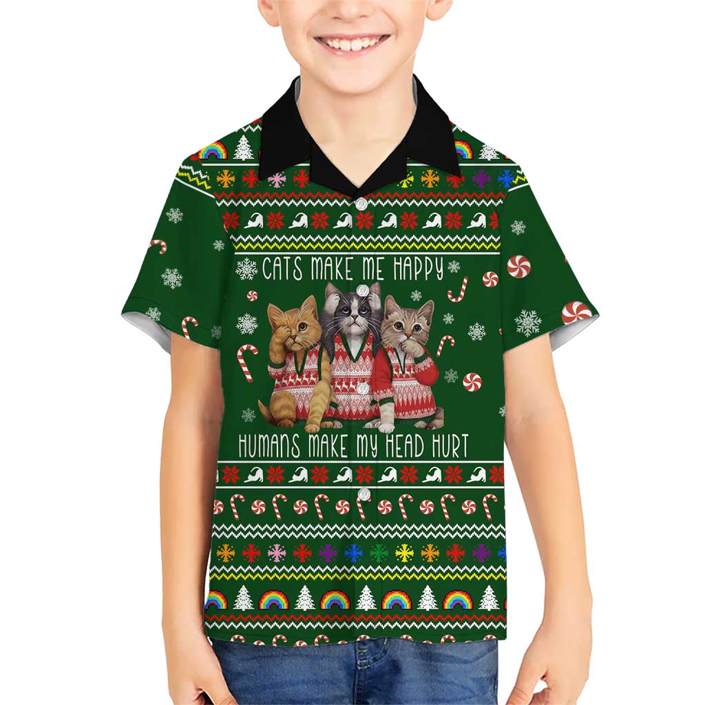 Funny Cats Make Me Happy Humans Make My Head Hurt Quote Kid Hawaiian Shirt with Green Christmas Pattern - Wonder Print Shop