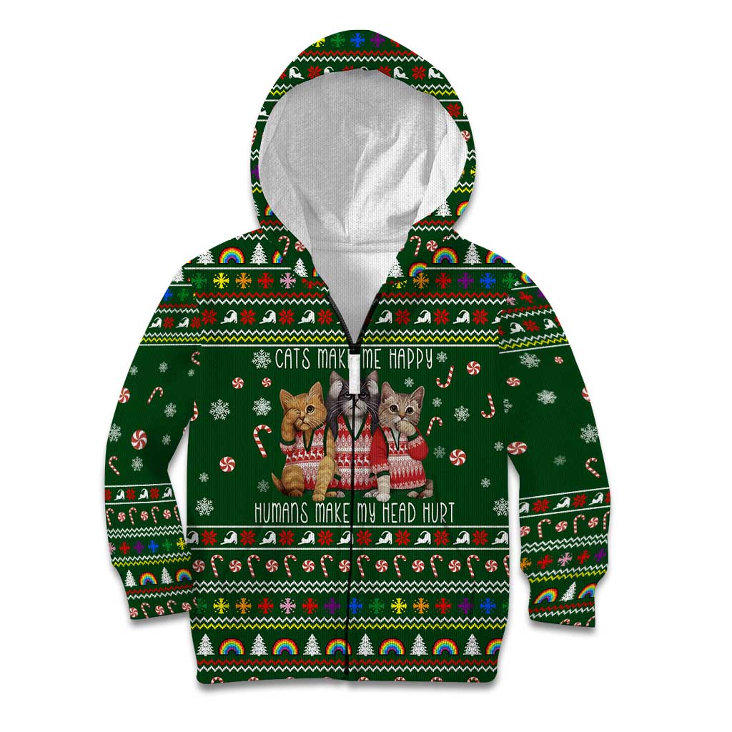 Funny Cats Make Me Happy Humans Make My Head Hurt Quote Kid Hoodie with Green Christmas Pattern - Wonder Print Shop
