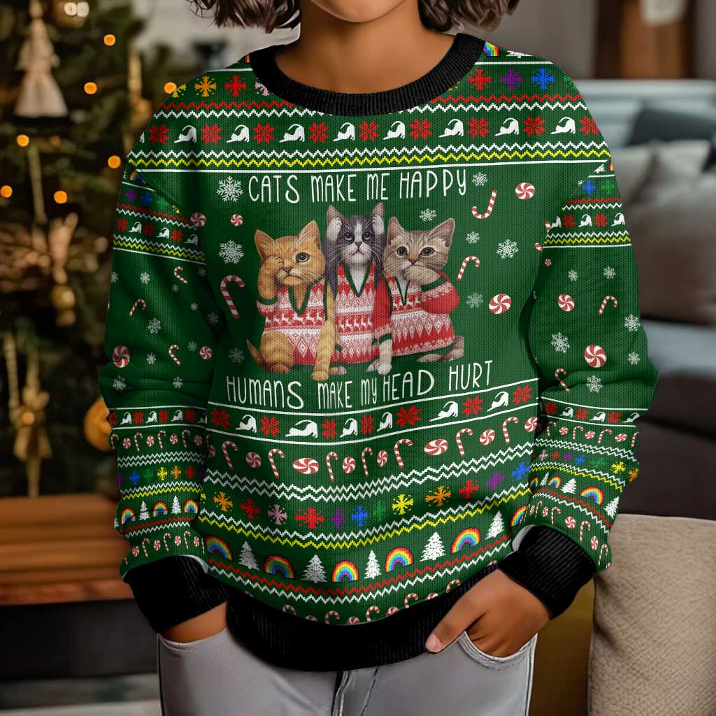 Funny Cats Make Me Happy Humans Make My Head Hurt Quote Kid Ugly Christmas Sweater with Green Christmas Pattern - Wonder Print Shop