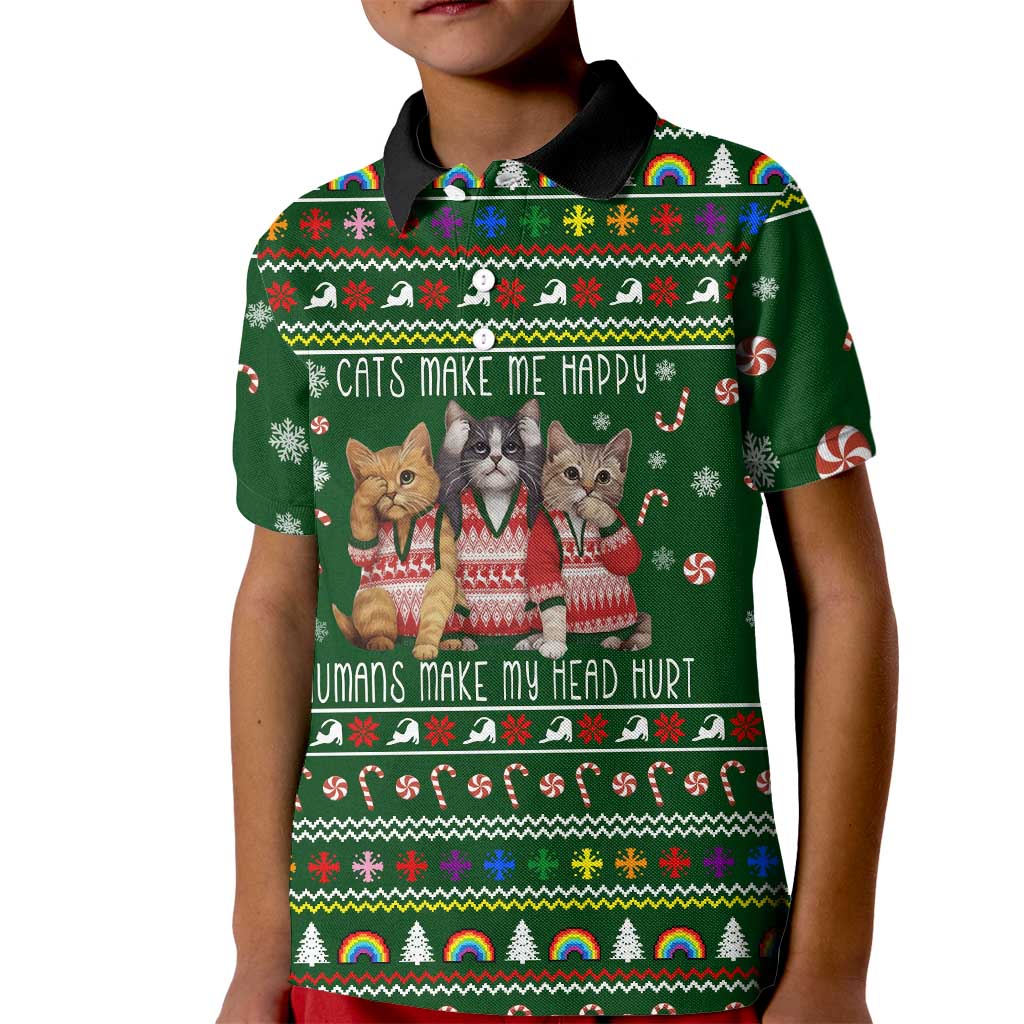 Funny Cats Make Me Happy Humans Make My Head Hurt Quote Kid Polo Shirt with Green Christmas Pattern - Wonder Print Shop