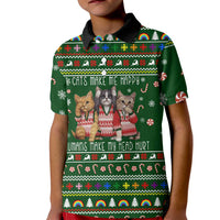 Funny Cats Make Me Happy Humans Make My Head Hurt Quote Kid Polo Shirt with Green Christmas Pattern - Wonder Print Shop