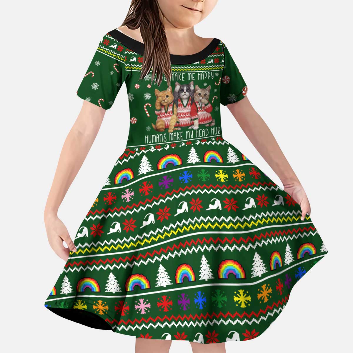 Funny Cats Make Me Happy Humans Make My Head Hurt Quote Kid Short Sleeve Dress with Green Christmas Pattern - Wonder Print Shop