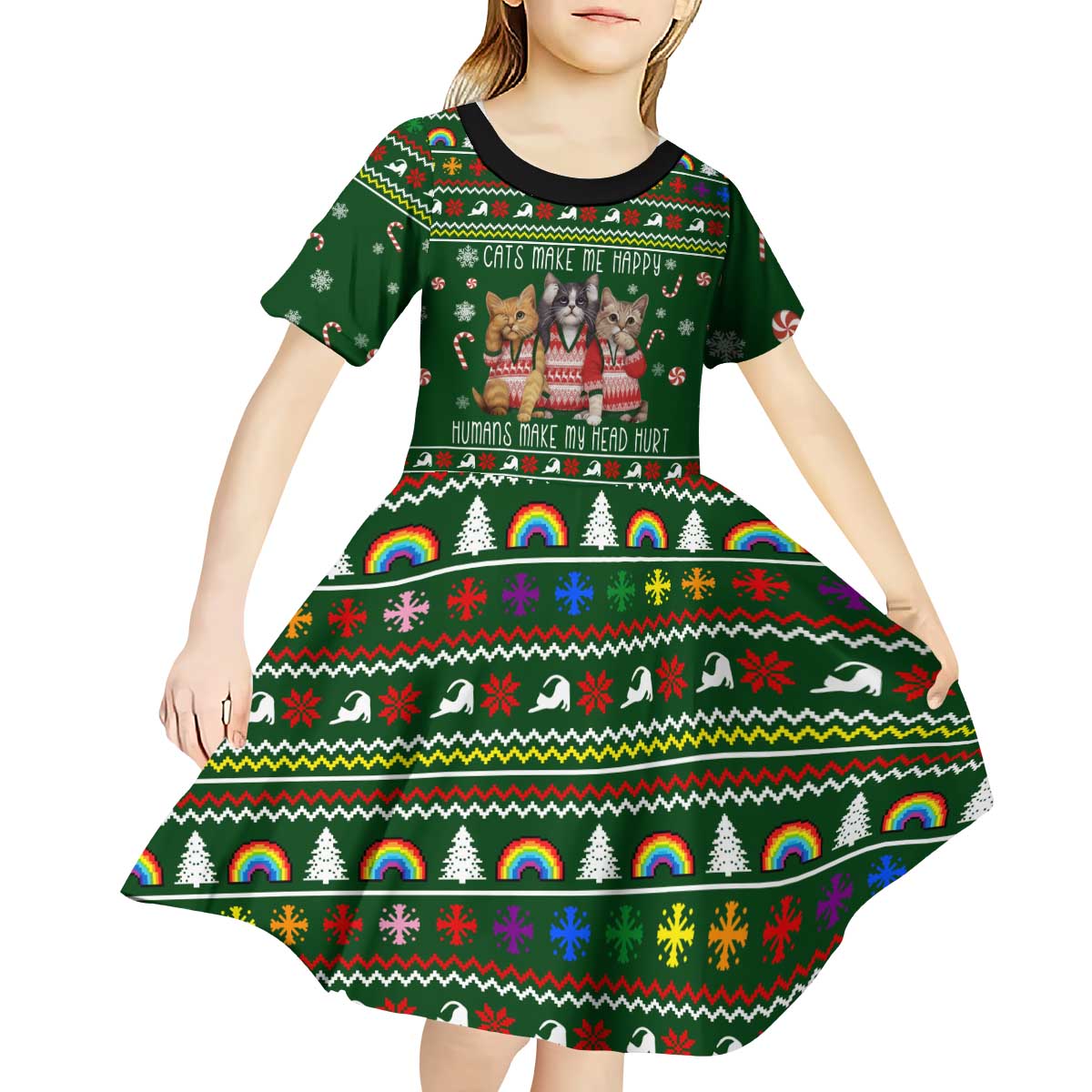 Funny Cats Make Me Happy Humans Make My Head Hurt Quote Kid Short Sleeve Dress with Green Christmas Pattern - Wonder Print Shop
