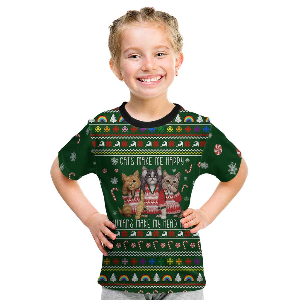 Funny Cats Make Me Happy Humans Make My Head Hurt Quote Kid T Shirt with Green Christmas Pattern - Wonder Print Shop