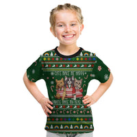 Funny Cats Make Me Happy Humans Make My Head Hurt Quote Kid T Shirt with Green Christmas Pattern - Wonder Print Shop