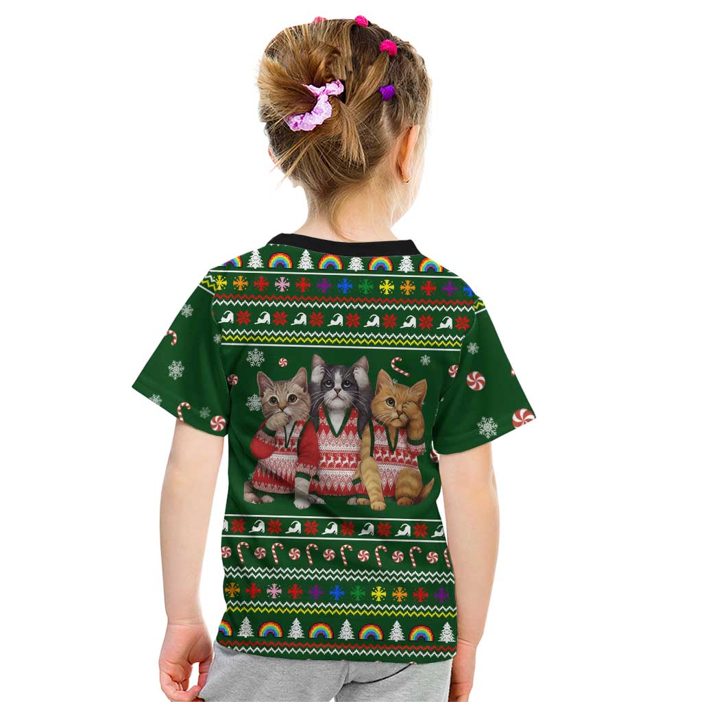 Funny Cats Make Me Happy Humans Make My Head Hurt Quote Kid T Shirt with Green Christmas Pattern - Wonder Print Shop
