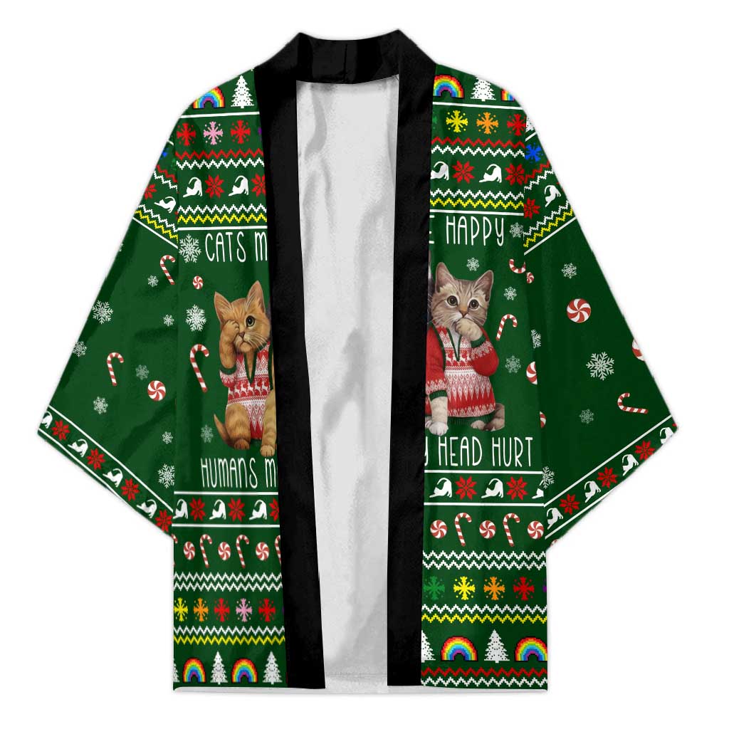 Funny Cats Make Me Happy Humans Make My Head Hurt Quote Kimono with Green Christmas Pattern - Wonder Print Shop