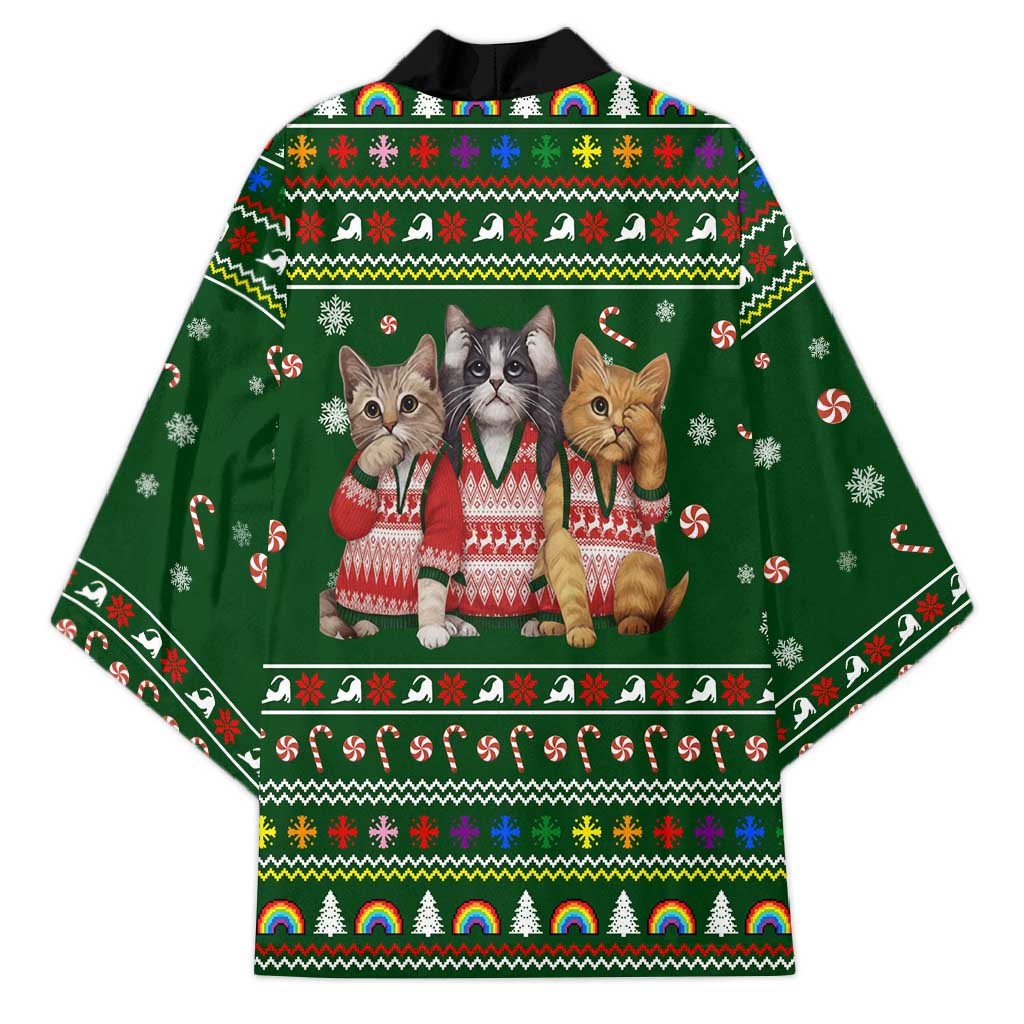 Funny Cats Make Me Happy Humans Make My Head Hurt Quote Kimono with Green Christmas Pattern - Wonder Print Shop