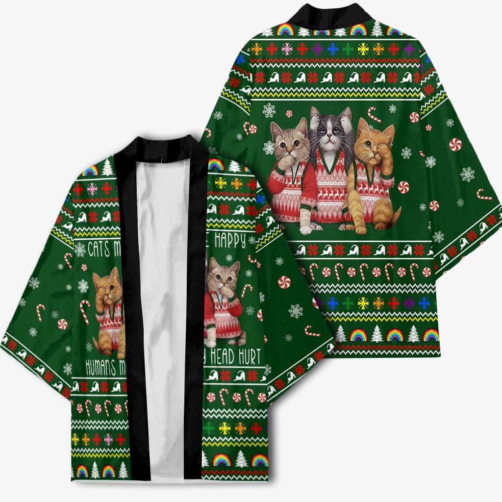 Funny Cats Make Me Happy Humans Make My Head Hurt Quote Kimono with Green Christmas Pattern - Wonder Print Shop