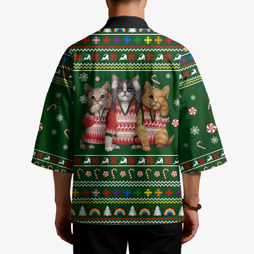 Funny Cats Make Me Happy Humans Make My Head Hurt Quote Kimono with Green Christmas Pattern - Wonder Print Shop