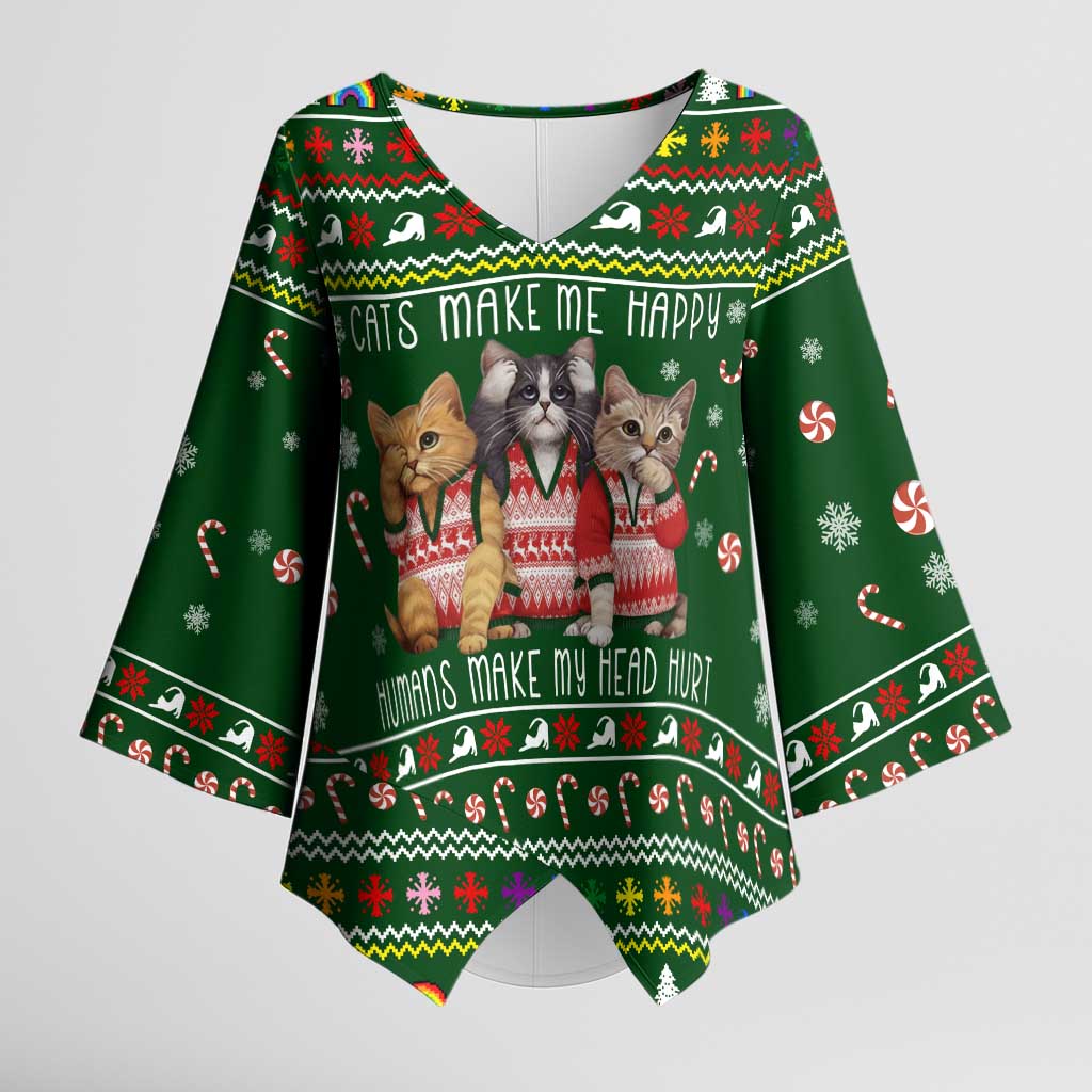 Funny Cats Make Me Happy Humans Make My Head Hurt Quote Kimono Sleeve Blouse with Green Christmas Pattern - Wonder Print Shop