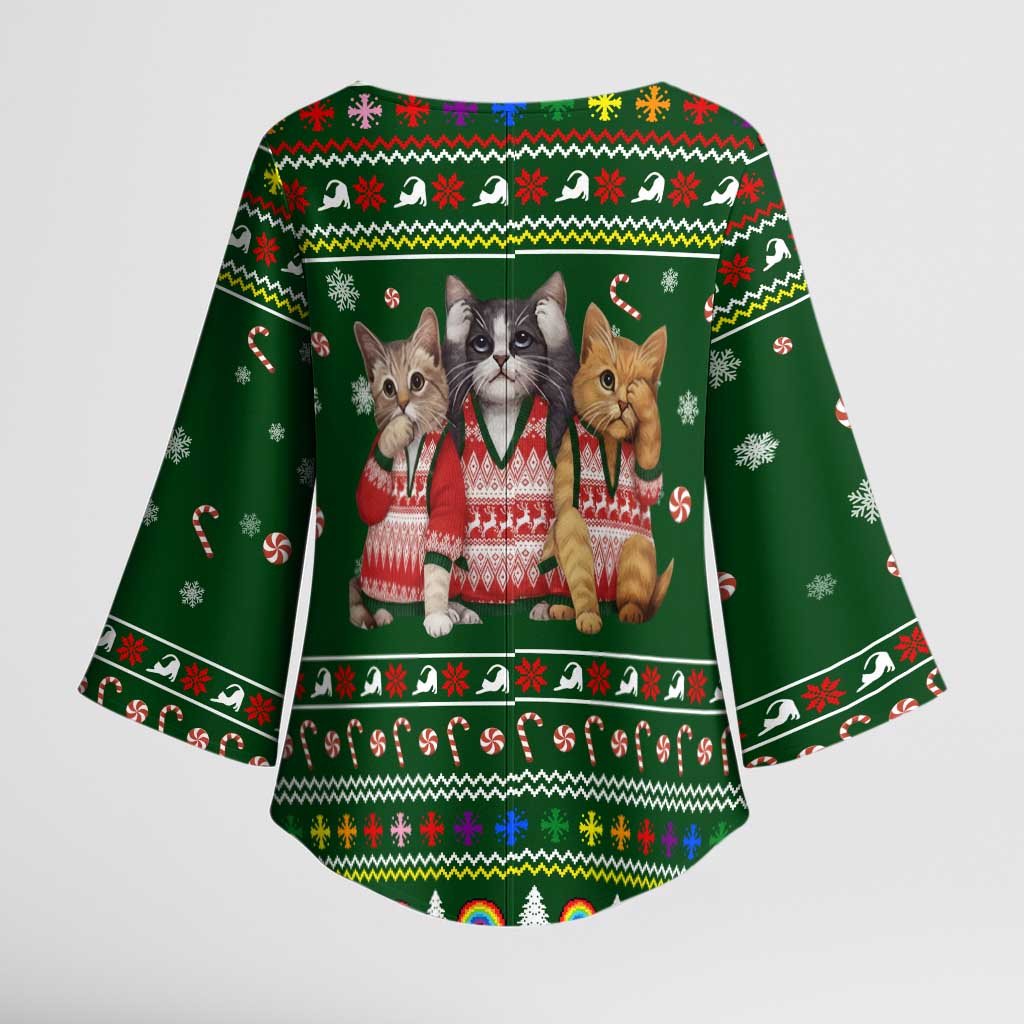 Funny Cats Make Me Happy Humans Make My Head Hurt Quote Kimono Sleeve Blouse with Green Christmas Pattern - Wonder Print Shop
