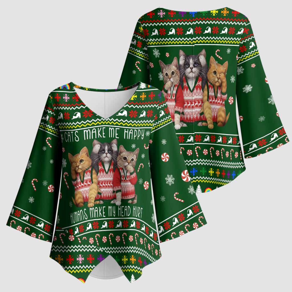 Funny Cats Make Me Happy Humans Make My Head Hurt Quote Kimono Sleeve Blouse with Green Christmas Pattern - Wonder Print Shop