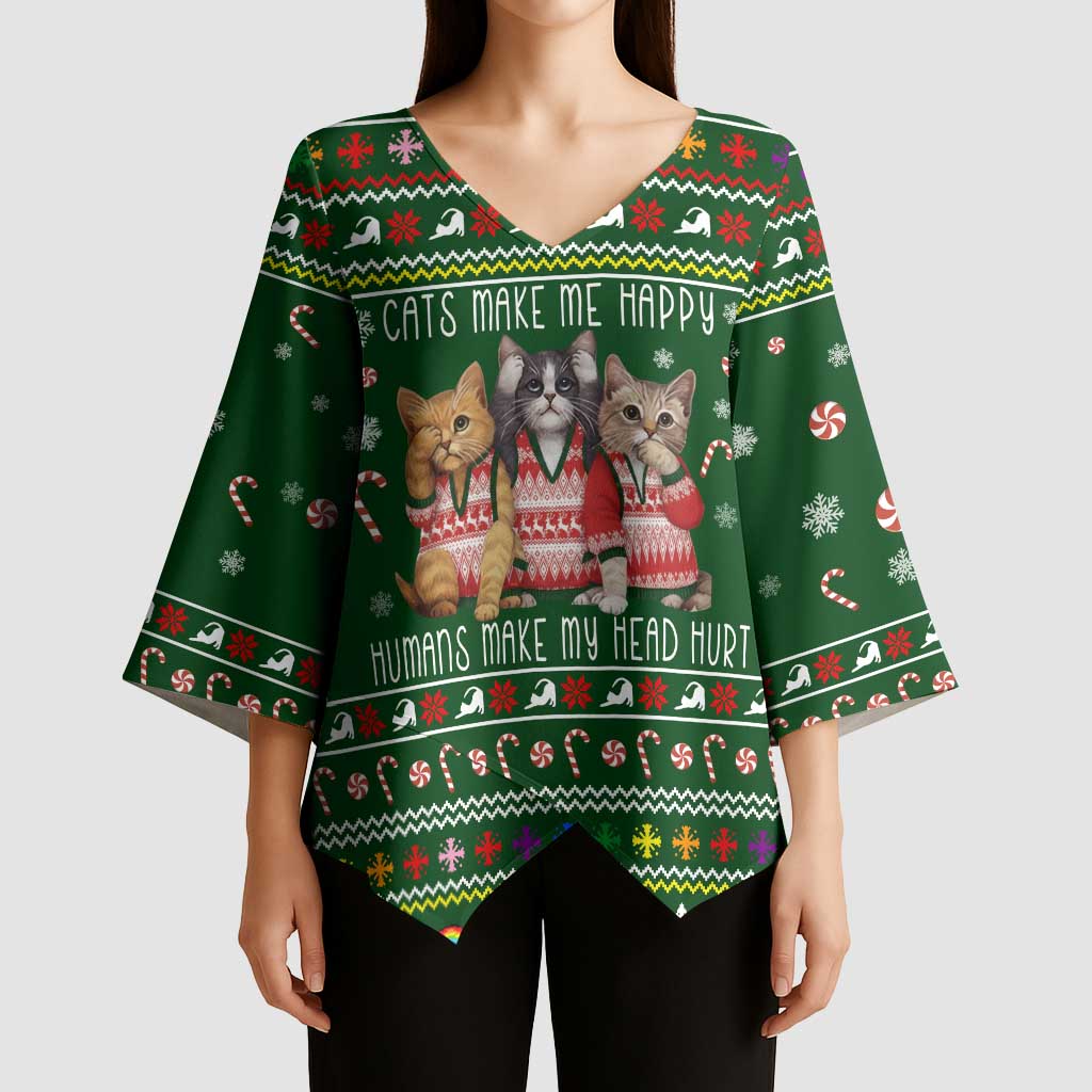 Funny Cats Make Me Happy Humans Make My Head Hurt Quote Kimono Sleeve Blouse with Green Christmas Pattern - Wonder Print Shop