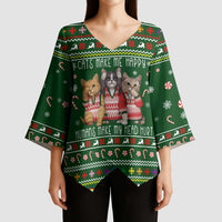 Funny Cats Make Me Happy Humans Make My Head Hurt Quote Kimono Sleeve Blouse with Green Christmas Pattern - Wonder Print Shop