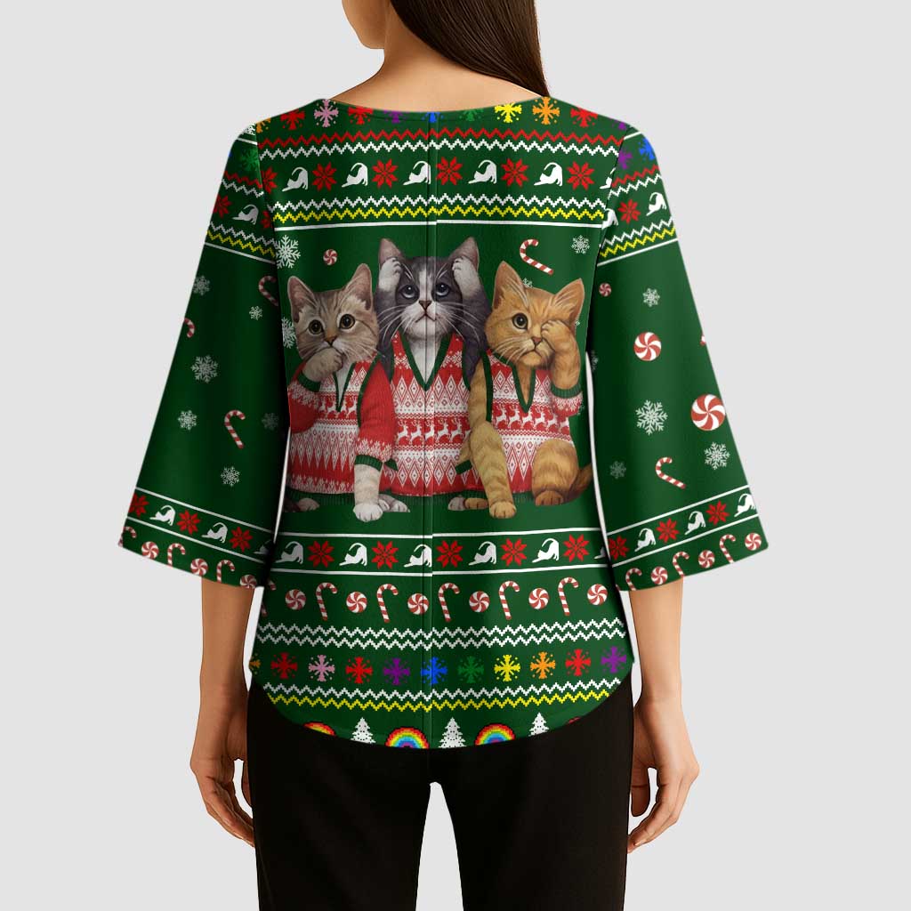 Funny Cats Make Me Happy Humans Make My Head Hurt Quote Kimono Sleeve Blouse with Green Christmas Pattern - Wonder Print Shop