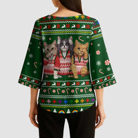 Funny Cats Make Me Happy Humans Make My Head Hurt Quote Kimono Sleeve Blouse with Green Christmas Pattern - Wonder Print Shop