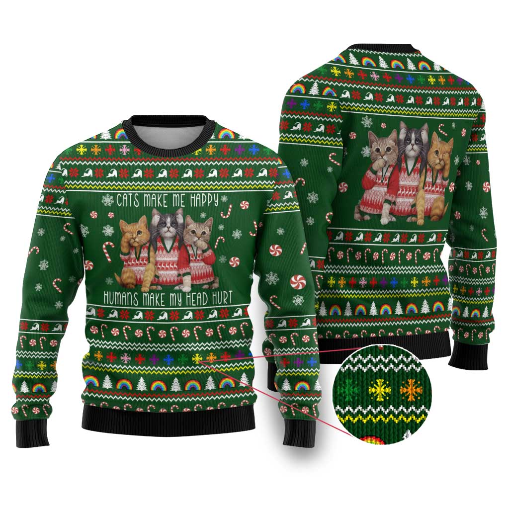 Funny Cats Make Me Happy Humans Make My Head Hurt Quote Ugly Christmas Sweater with Green Christmas Pattern - Wonder Print Shop