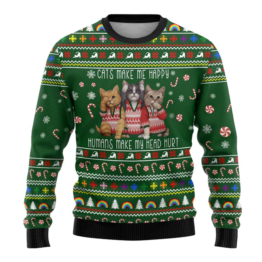 Funny Cats Make Me Happy Humans Make My Head Hurt Quote Ugly Christmas Sweater with Green Christmas Pattern - Wonder Print Shop