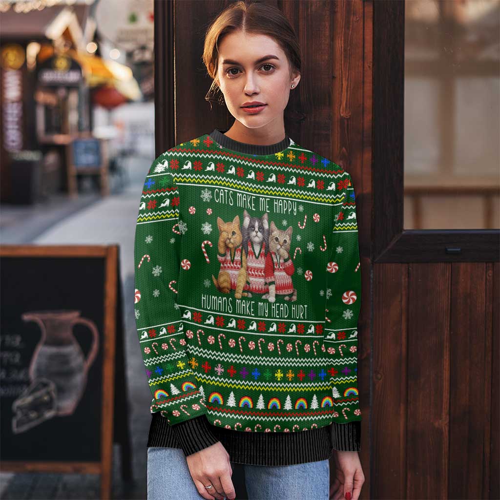 Funny Cats Make Me Happy Humans Make My Head Hurt Quote Ugly Christmas Sweater with Green Christmas Pattern - Wonder Print Shop