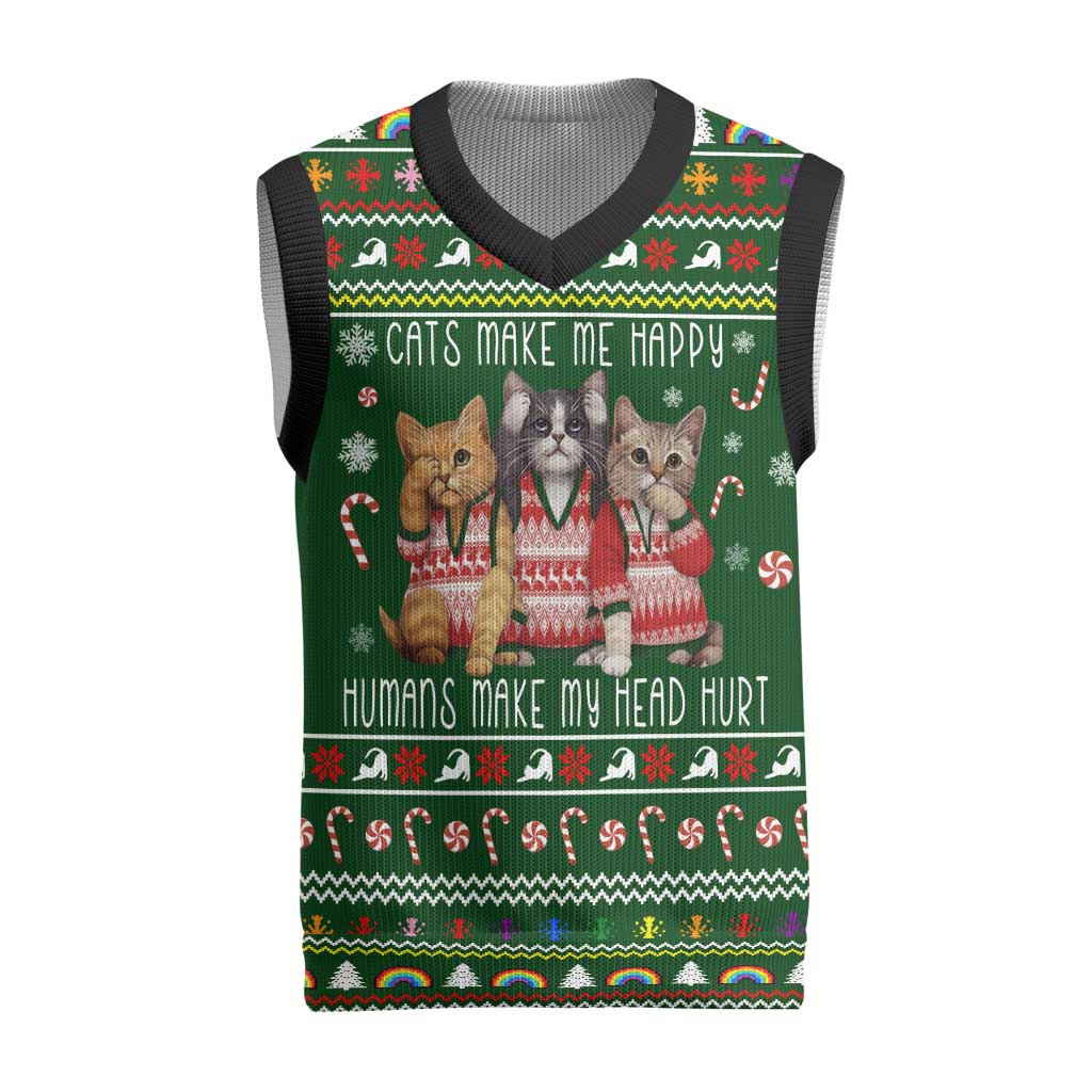 Funny Cats Make Me Happy Humans Make My Head Hurt Quote Christmas Knitted V-Neck Vest with Green Christmas Pattern - Wonder Print Shop
