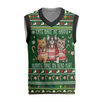 Funny Cats Make Me Happy Humans Make My Head Hurt Quote Christmas Knitted V-Neck Vest with Green Christmas Pattern - Wonder Print Shop