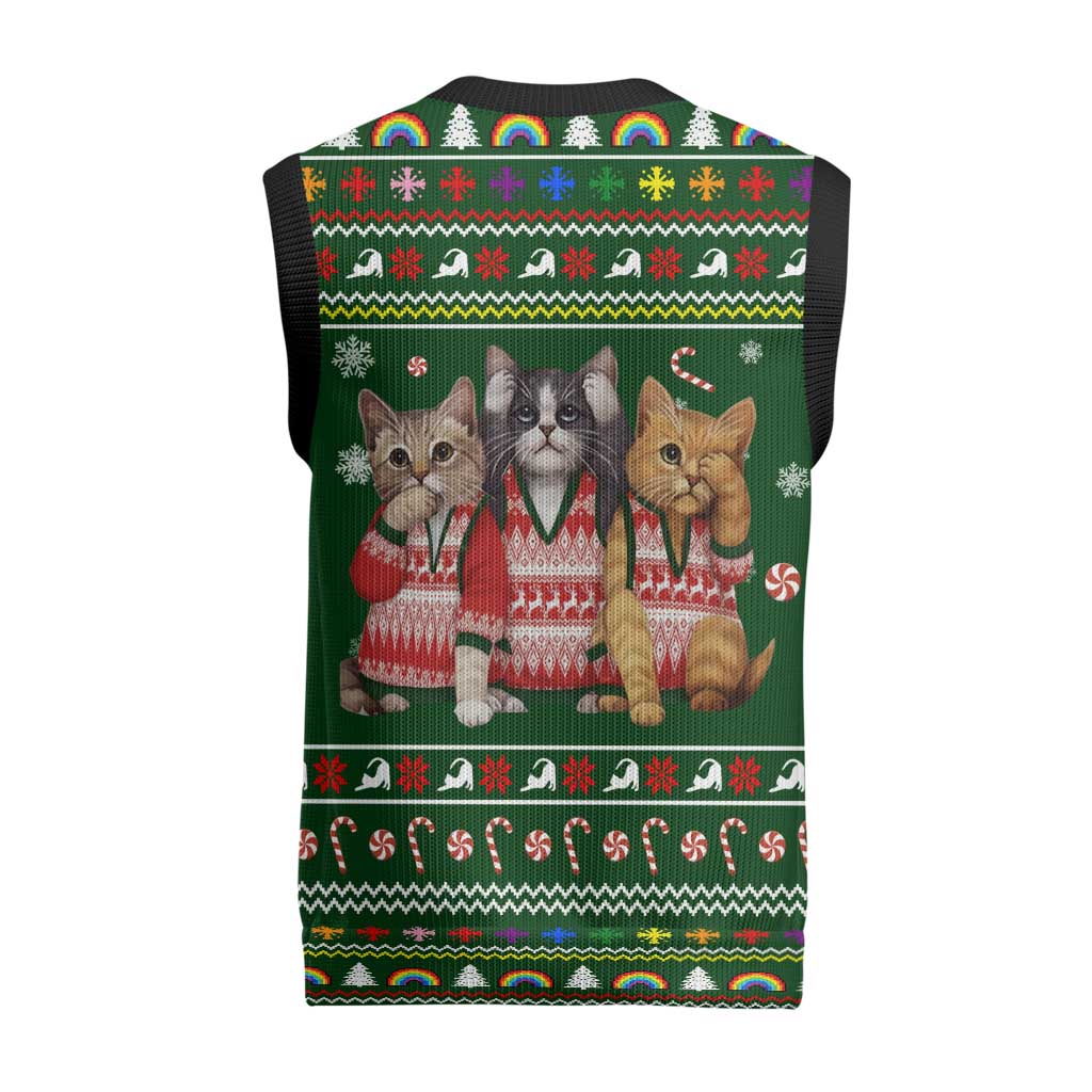 Funny Cats Make Me Happy Humans Make My Head Hurt Quote Christmas Knitted V-Neck Vest with Green Christmas Pattern - Wonder Print Shop
