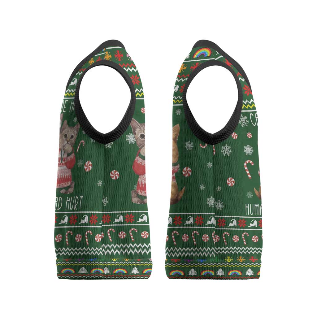Funny Cats Make Me Happy Humans Make My Head Hurt Quote Christmas Knitted V-Neck Vest with Green Christmas Pattern - Wonder Print Shop
