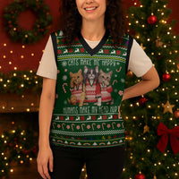 Funny Cats Make Me Happy Humans Make My Head Hurt Quote Christmas Knitted V-Neck Vest with Green Christmas Pattern - Wonder Print Shop