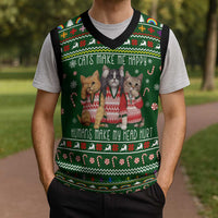 Funny Cats Make Me Happy Humans Make My Head Hurt Quote Christmas Knitted V-Neck Vest with Green Christmas Pattern - Wonder Print Shop
