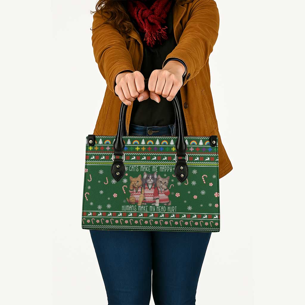 Funny Cats Make Me Happy Humans Make My Head Hurt Quote Leather Bag with Green Christmas Pattern - Wonder Print Shop