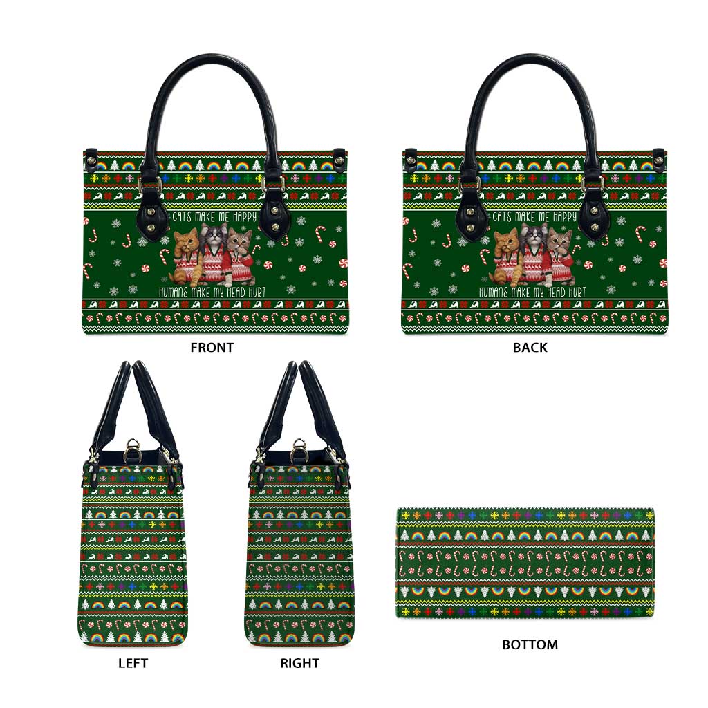 Funny Cats Make Me Happy Humans Make My Head Hurt Quote Leather Bag with Green Christmas Pattern - Wonder Print Shop