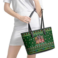 Funny Cats Make Me Happy Humans Make My Head Hurt Quote Leather Tote Bag with Green Christmas Pattern - Wonder Print Shop