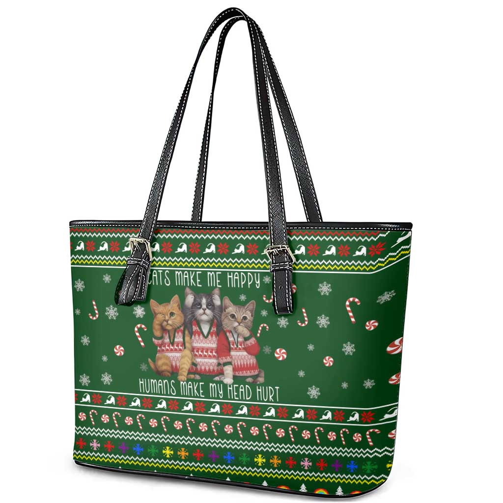 Funny Cats Make Me Happy Humans Make My Head Hurt Quote Leather Tote Bag with Green Christmas Pattern - Wonder Print Shop