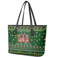 Funny Cats Make Me Happy Humans Make My Head Hurt Quote Leather Tote Bag with Green Christmas Pattern - Wonder Print Shop