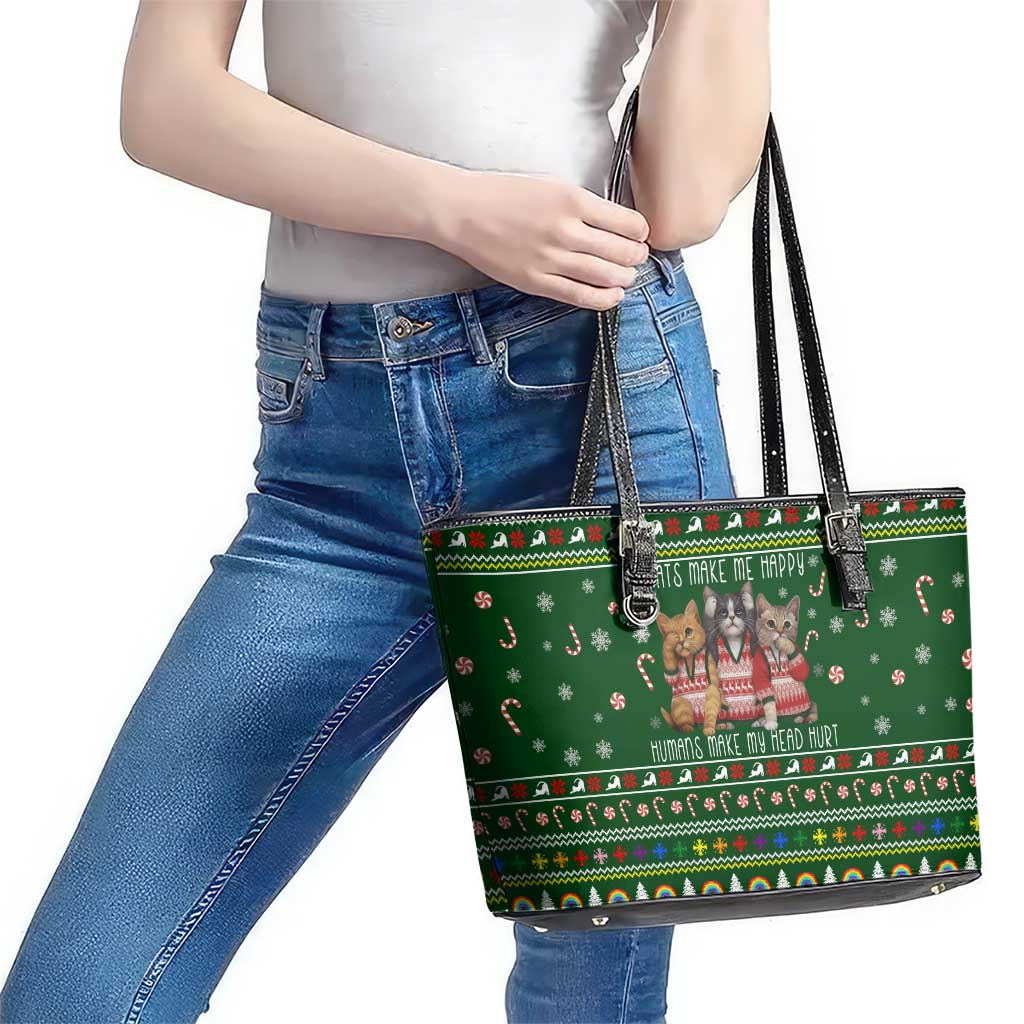 Funny Cats Make Me Happy Humans Make My Head Hurt Quote Leather Tote Bag with Green Christmas Pattern - Wonder Print Shop