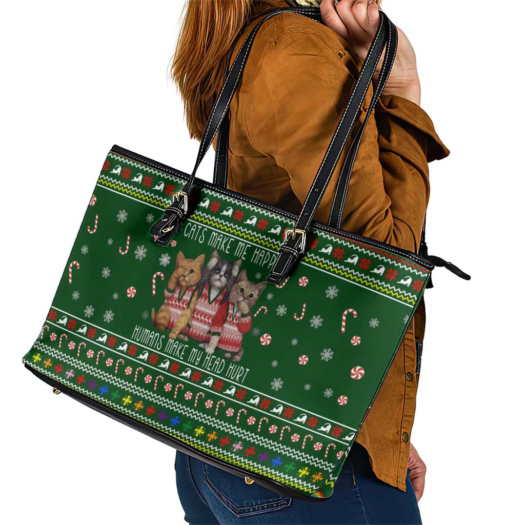 Funny Cats Make Me Happy Humans Make My Head Hurt Quote Leather Tote Bag with Green Christmas Pattern - Wonder Print Shop