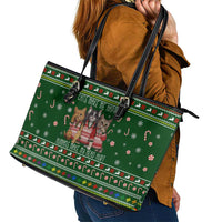 Funny Cats Make Me Happy Humans Make My Head Hurt Quote Leather Tote Bag with Green Christmas Pattern - Wonder Print Shop
