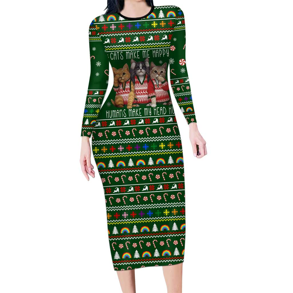 Funny Cats Make Me Happy Humans Make My Head Hurt Quote Long Sleeve Bodycon Dress with Green Christmas Pattern - Wonder Print Shop
