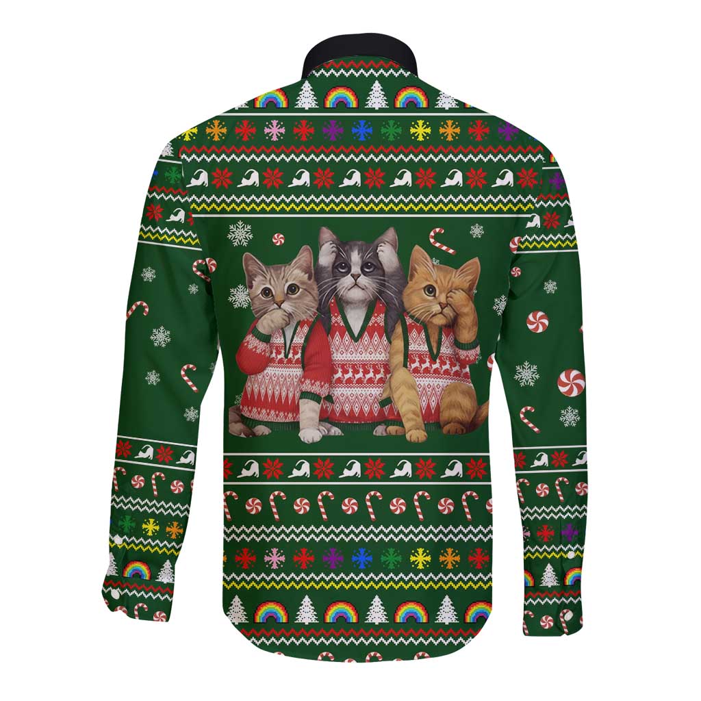 Funny Cats Make Me Happy Humans Make My Head Hurt Quote Long Sleeve Button Shirt with Green Christmas Pattern - Wonder Print Shop