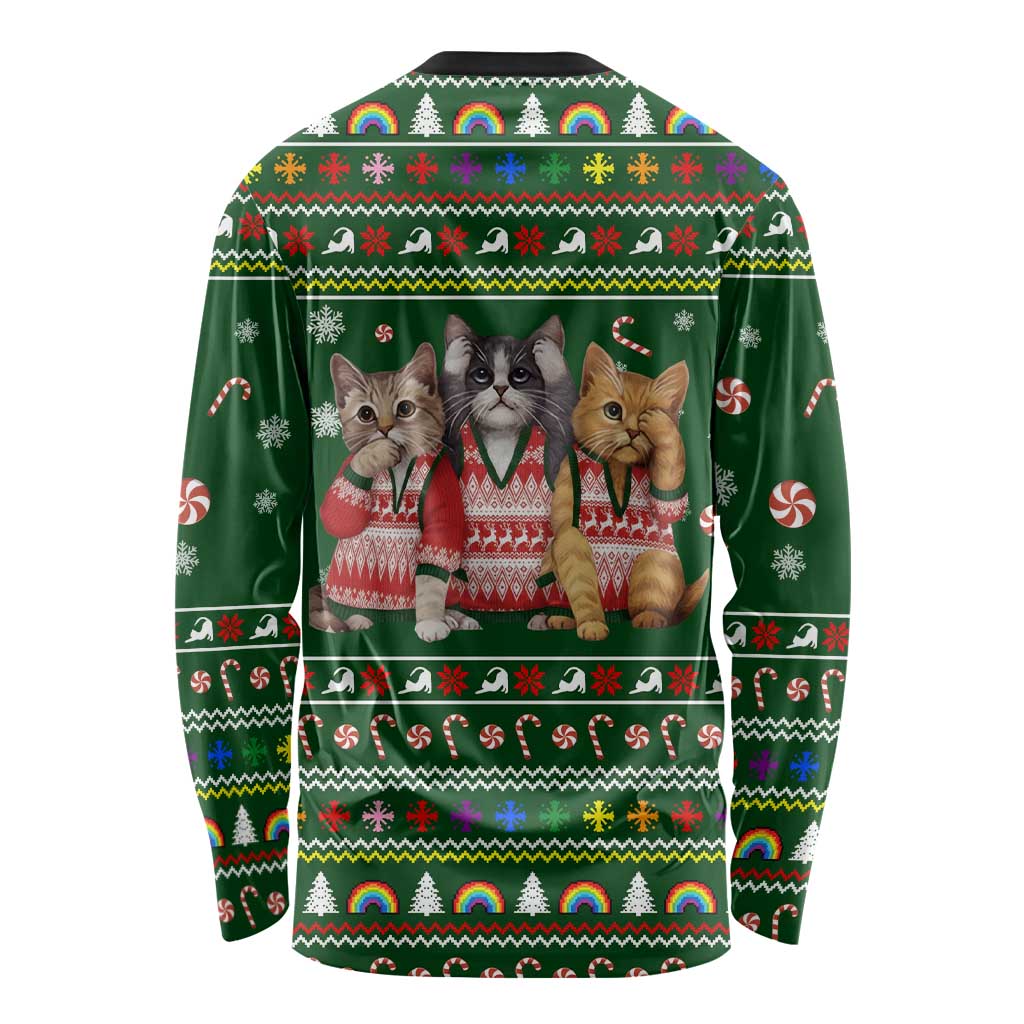 Funny Cats Make Me Happy Humans Make My Head Hurt Quote Long Sleeve Shirt with Green Christmas Pattern - Wonder Print Shop