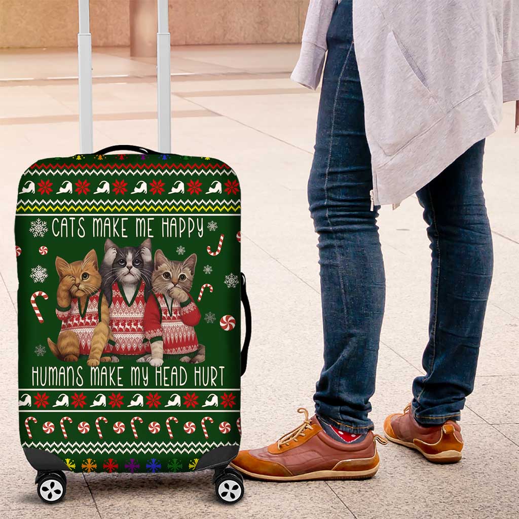 Funny Cats Make Me Happy Humans Make My Head Hurt Quote Luggage Cover with Green Christmas Pattern - Wonder Print Shop